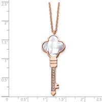 Chisel Stainless Steel Polished Rose IP-plated CZ and Mother of Pearl Key Pendant on a Cable Chain Necklace with a 2 Inch Extension, 16" view 5