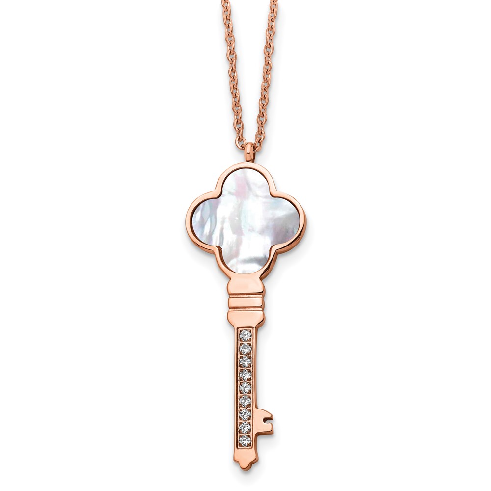 Chisel Stainless Steel Polished Rose IP-plated CZ and Mother of Pearl Key Pendant on a Cable Chain Necklace with a 2 Inch Extension, 16"