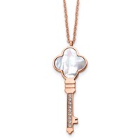 Chisel Stainless Steel Polished Rose IP-plated CZ and Mother of Pearl Key Pendant on a Cable Chain Necklace with a 2 Inch Extension, 16" view 1
