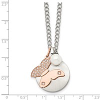 Stainless Steel Brushed & Polished Rose IP CZ Butterfly&FWC Pearl Necklace view 5