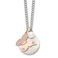 Stainless Steel Brushed & Polished Rose IP CZ Butterfly&FWC Pearl Necklace view 1