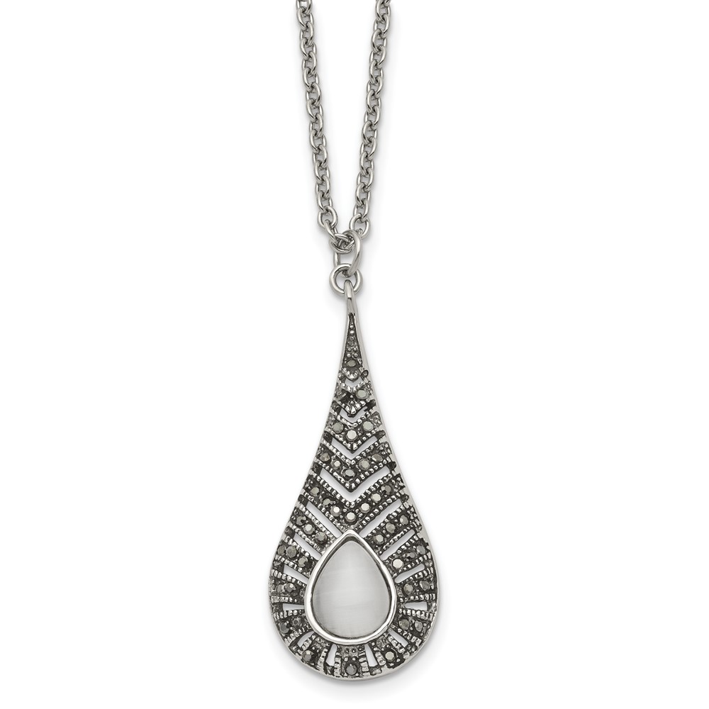 Stainless Steel Polished Necklace with Marcasite and Cat's Eye, 18"