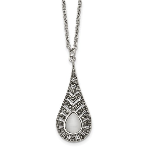 Stainless Steel Polished Necklace with Marcasite and Cat's Eye, 18"