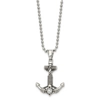 Chisel Stainless Steel Antiqued and Polished Necklace with CZ Anchor with Rope Pendant on a Ball Chain, 20" view 3