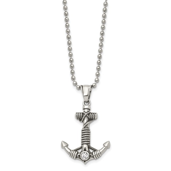 Chisel Stainless Steel Antiqued and Polished with CZ Anchor with Rope Pendant on a 20 inch Ball Chain Necklace