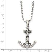 Chisel Stainless Steel Antiqued and Polished Necklace with CZ Anchor with Rope Pendant on a Ball Chain, 20" view 5