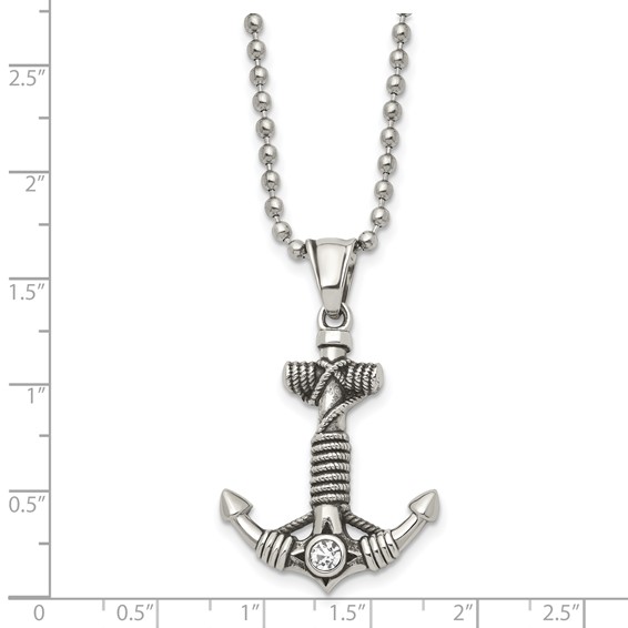 Chisel Stainless Steel Antiqued and Polished with CZ Anchor with Rope Pendant on a 20 inch Ball Chain Necklace