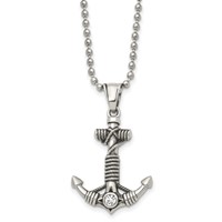 Chisel Stainless Steel Antiqued and Polished Necklace with CZ Anchor with Rope Pendant on a Ball Chain, 20" view 1