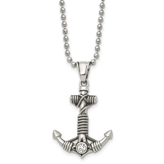 Chisel Stainless Steel Antiqued and Polished with CZ Anchor with Rope Pendant on a 20 inch Ball Chain Necklace