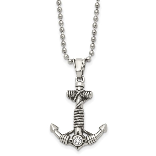 Chisel Stainless Steel Antiqued and Polished Necklace with CZ Anchor with Rope Pendant on a Ball Chain, 20"