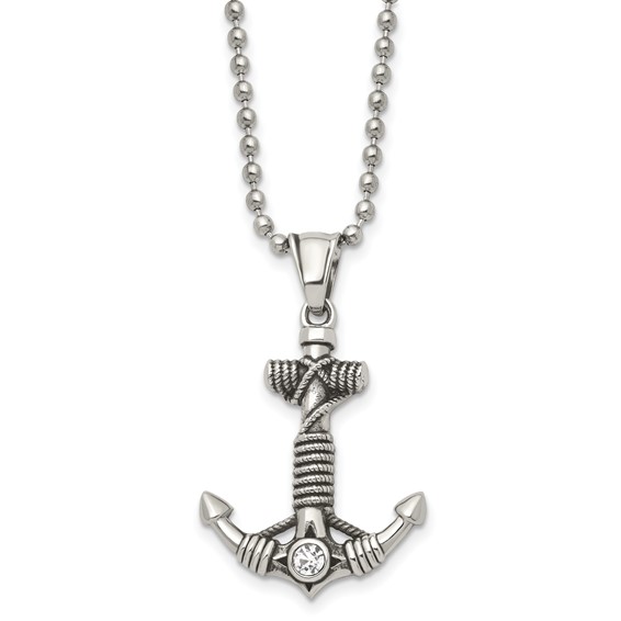 Chisel Stainless Steel Antiqued and Polished with CZ Anchor with Rope Pendant on a 20 inch Ball Chain Necklace