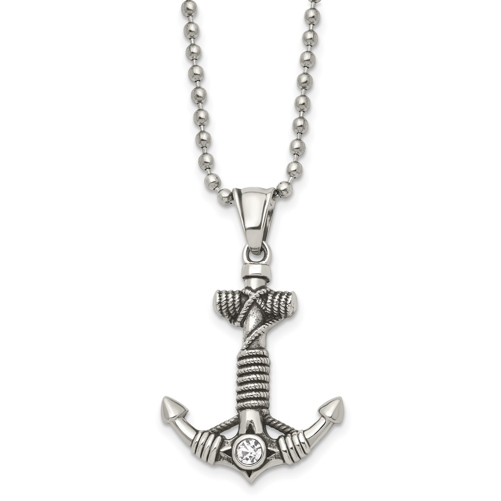 Stainless Steel Antiqued and Polished w/ CZ Anchor 20in Necklace