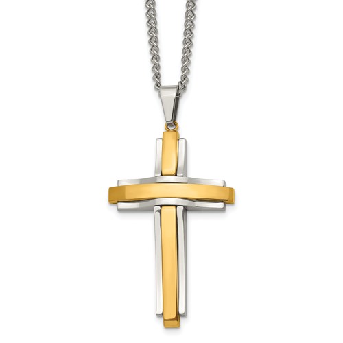 Chisel Stainless Steel Polished Yellow IP-plated Cross Pendant on a Curb Chain Necklace, 24"