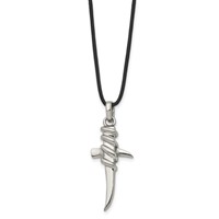 Stainless Steel Polished Pointed Cross Leather Cord Necklace, 20" view 3