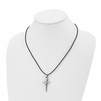Stainless Steel Polished Pointed Cross Leather Cord Necklace, 20" view 4