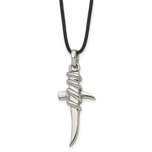 Stainless Steel Polished Pointed Cross Leather Cord Necklace, 20"