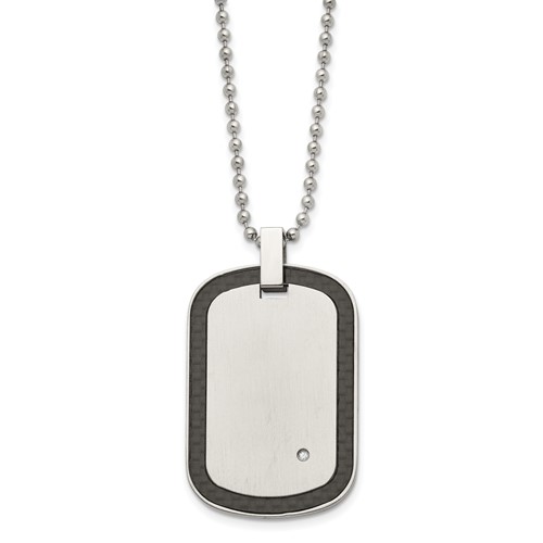 Chisel Stainless Steel Brushed Necklace with Black Carbon Fiber Inlay Edges and.01carat Diamond Dog Tag on a Ball Chain, 24"