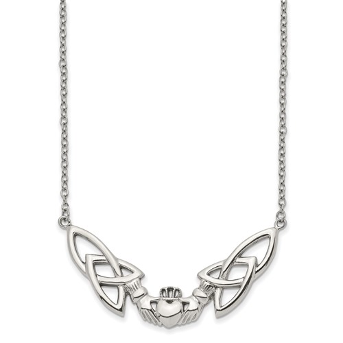Stainless Steel Polished Claddagh Necklace, 18"