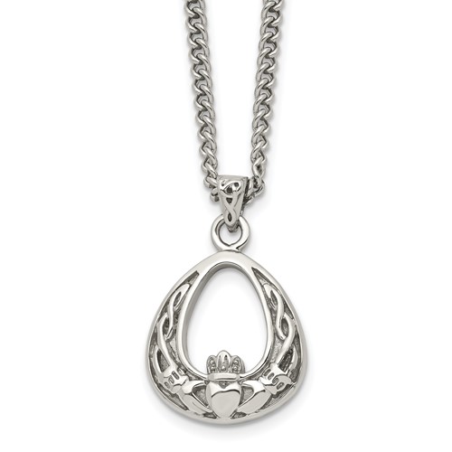 Chisel Stainless Steel Antiqued and Polished Claddagh Pendant on an Curb Chain Necklace, 18"