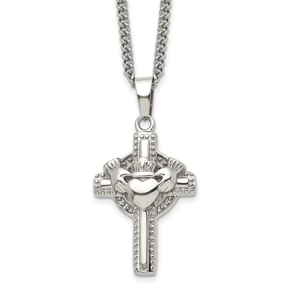 Stainless Steel Polished Claddagh Cross 20in Necklace