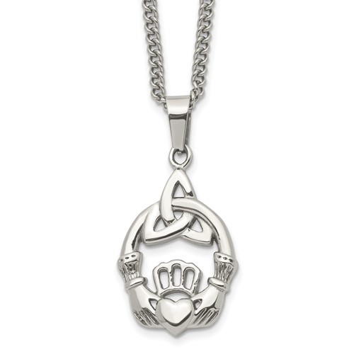 Chisel Stainless Steel Polished Trinity Knot and Claddagh Pendant on an Curb Chain Necklace, 18"