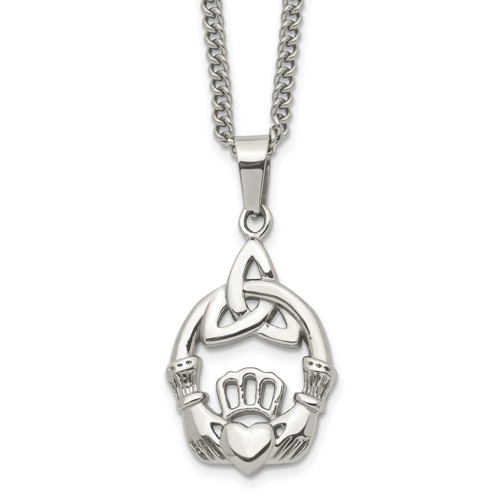 Stainless Steel Polished Trinity Knot and Claddagh 18in Necklace