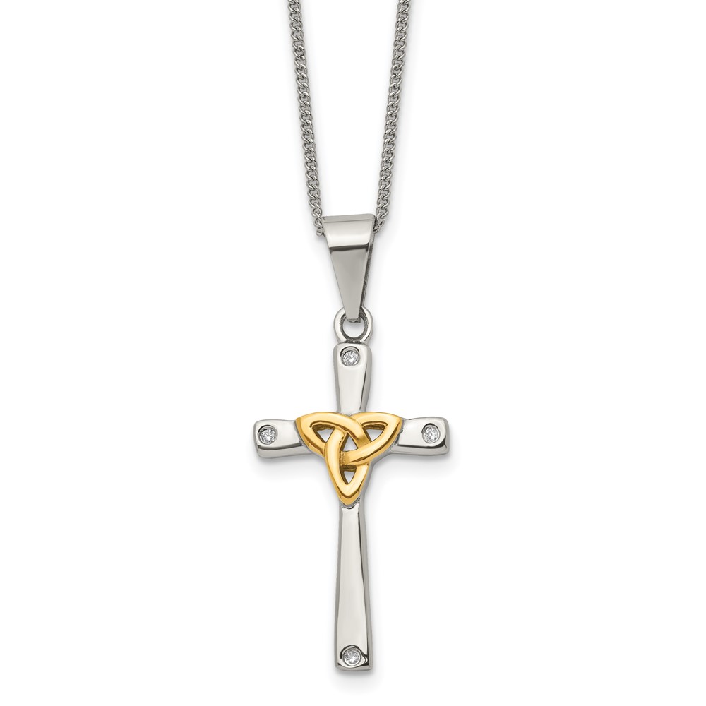 Stainless Steel Polished Yellow IP-plated w/CZ Cross Necklace