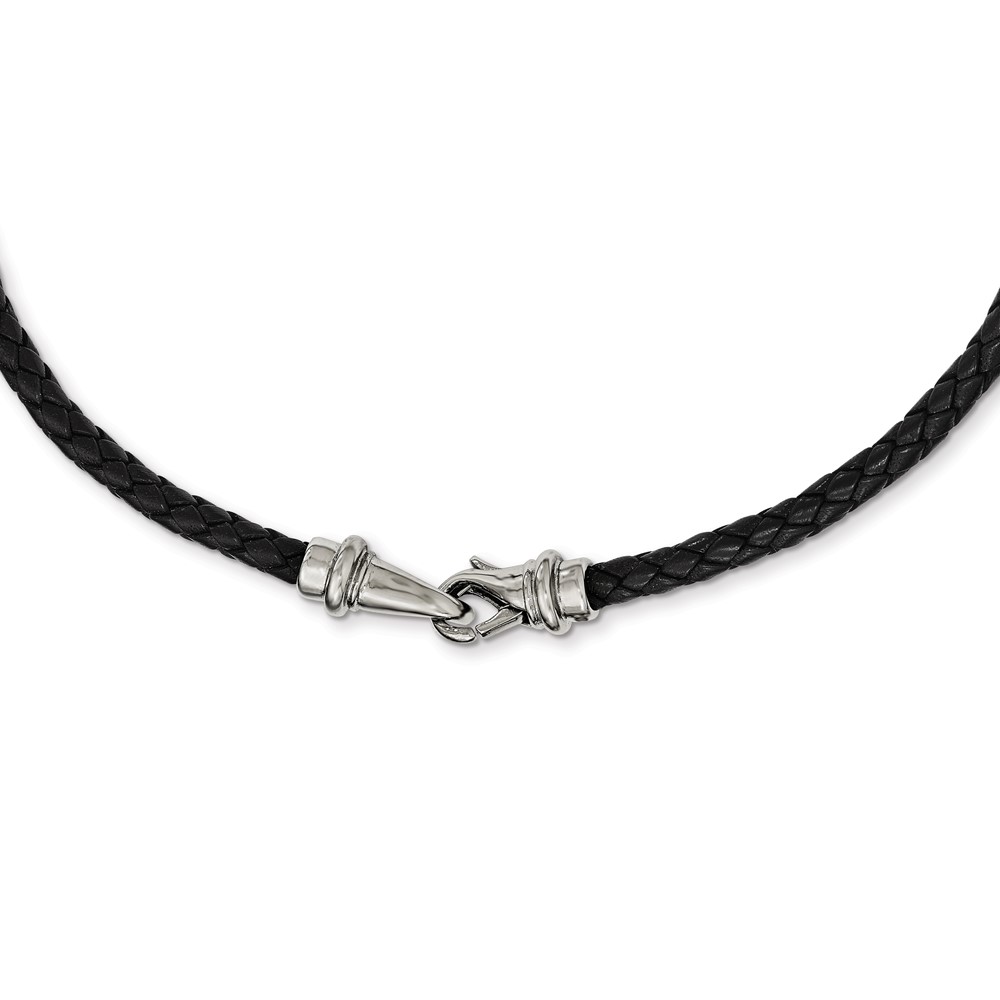 Stainless Steel Polished Woven Black Leather 19.5in Necklace