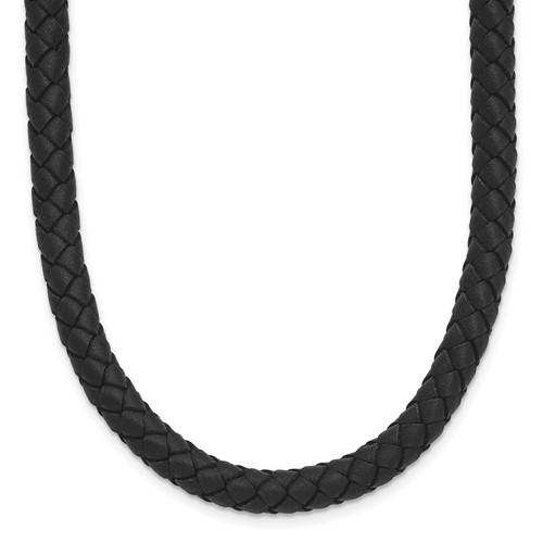 Chisel Stainless Steel Polished Woven Black Leather Necklace, 19.5"