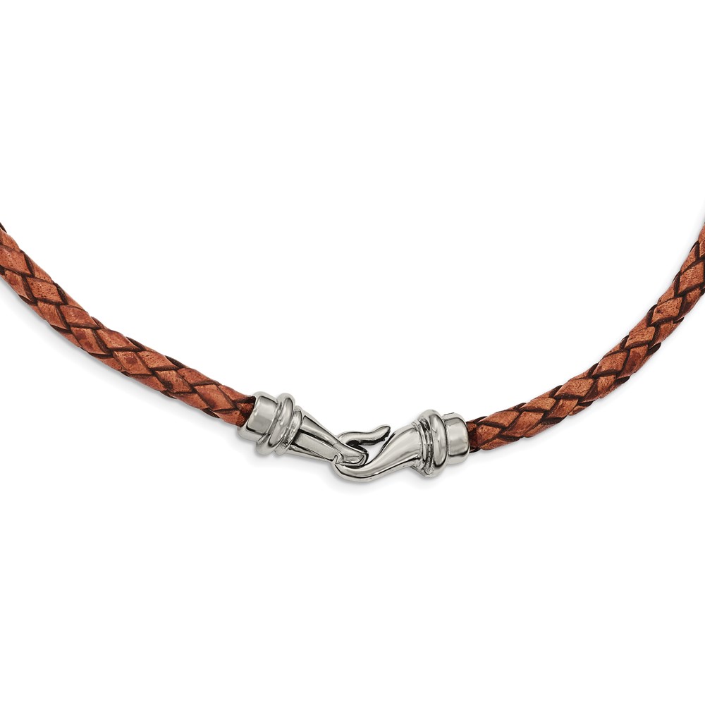 Stainless Steel Polished Woven Brown Leather 16.25in Necklace