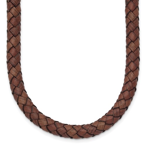 Chisel Stainless Steel Polished Woven Brown Leather Necklace, 19.5"