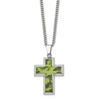 Chisel Stainless Steel Polished Printed Green Camo Under Rubber Cross Pendant on a Curb Chain Necklace, 22" view 3