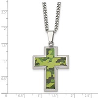 Chisel Stainless Steel Polished Printed Green Camo Under Rubber Cross Pendant on a Curb Chain Necklace, 22" view 5