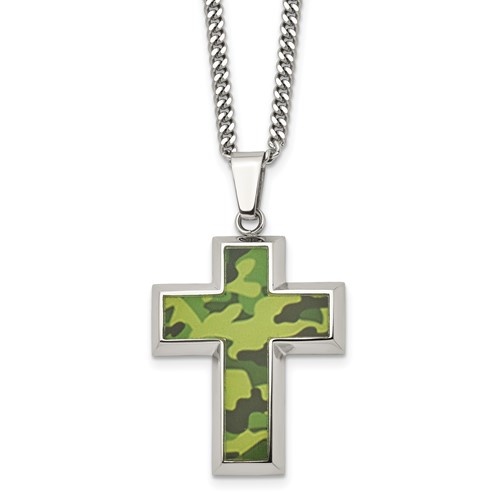 Chisel Stainless Steel Polished Printed Green Camo Under Rubber Cross Pendant on a Curb Chain Necklace, 22"
