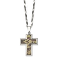 Chisel Stainless Steel Polished Printed Brown Camo Under Rubber Cross Pendant on a Curb Chain Necklace, 22" view 3