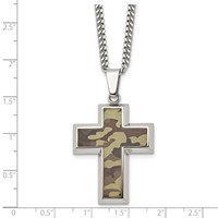 Chisel Stainless Steel Polished Printed Brown Camo Under Rubber Cross Pendant on a Curb Chain Necklace, 22" view 5