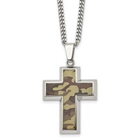 Chisel Stainless Steel Polished Printed Brown Camo Under Rubber Cross Pendant on a Curb Chain Necklace, 22" view 1