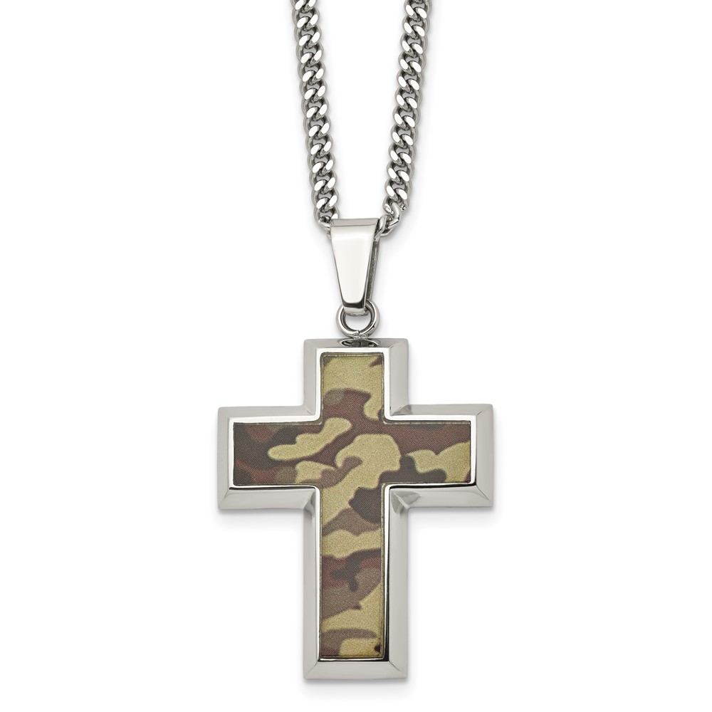 Stainless Steel Polished Printed Brown Camo Under Rubber Cross Necklace