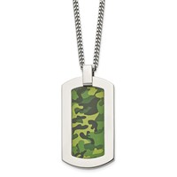 Chisel Stainless Steel Polished Printed Green Camo Under Rubber Dog Tag on a Cable Chain Necklace, 22" view 1