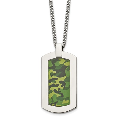 Chisel Stainless Steel Polished Printed Green Camo Under Rubber Dog Tag on a Cable Chain Necklace, 22"