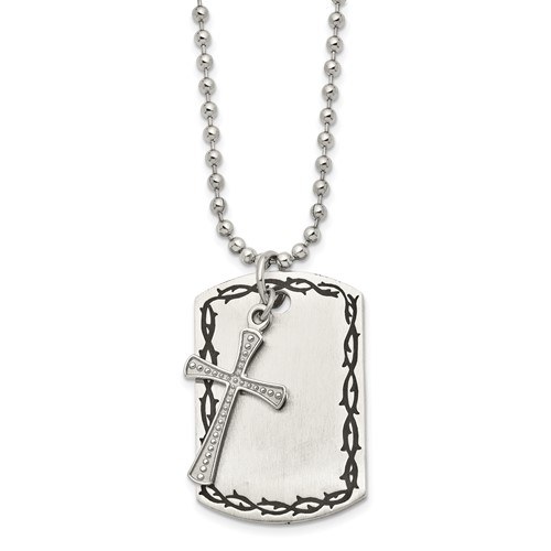 Chisel Stainless Steel Antiqued Brushed and Polished 2 Piece Textured Cross Dog Tag on a Ball Chain Necklace, 22"