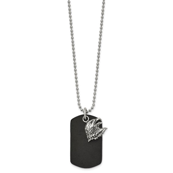 Chisel Stainless Steel Polished and Antiqued Eagle Leather Dog Tag on a 22 inch Ball Chain Necklace