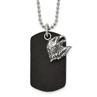 Chisel Stainless Steel Polished and Antiqued Eagle Leather Dog Tag on a 22 inch Ball Chain Necklace