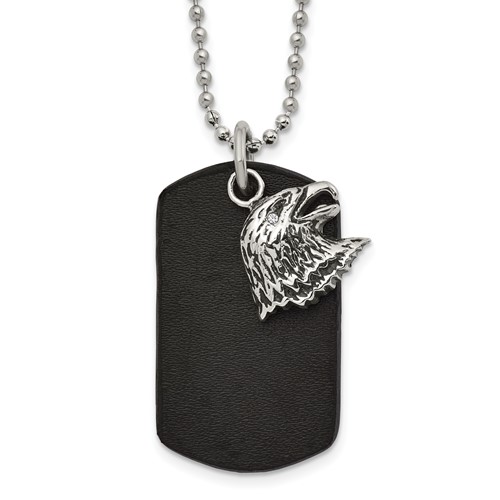 Chisel Stainless Steel Polished and Antiqued Eagle Leather Dog Tag on a Ball Chain Necklace, 22"
