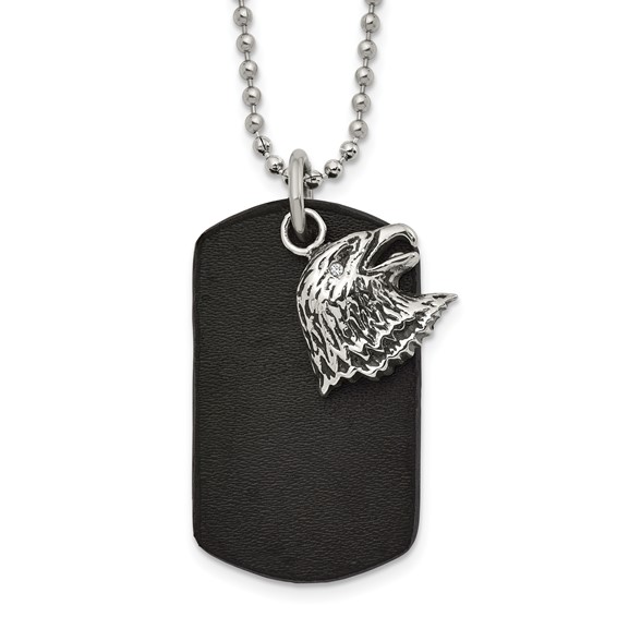 Chisel Stainless Steel Polished and Antiqued Eagle Leather Dog Tag on a 22 inch Ball Chain Necklace
