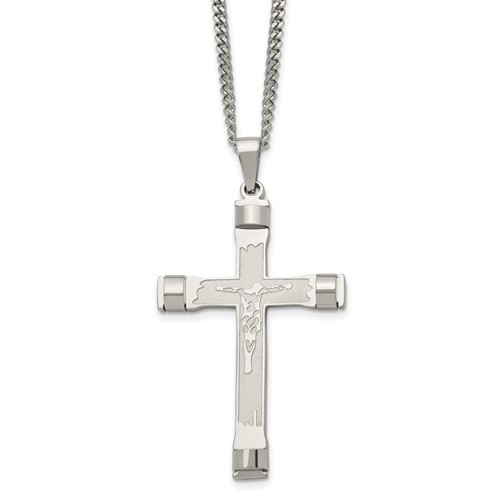 Chisel Stainless Steel Brushed and Polished Crucifix Pendant on a Curb Chain Necklace, 22"