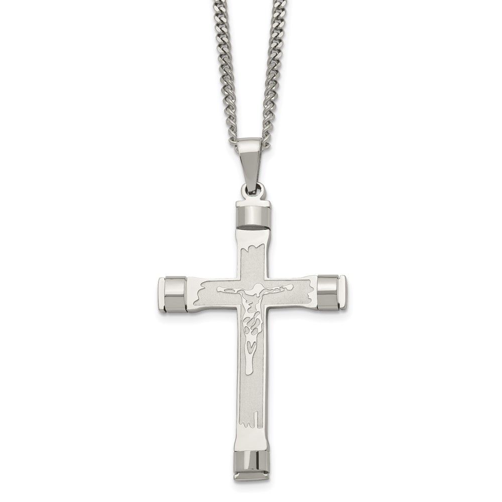 Stainless Steel Brushed and Polished Crucifix 22in Necklace