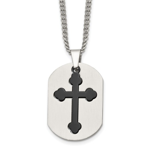 Chisel Stainless Steel Brushed and Polished Black IP-plated 2 Piece Cross and Dog Tag on a Curb Chain Necklace, 22"