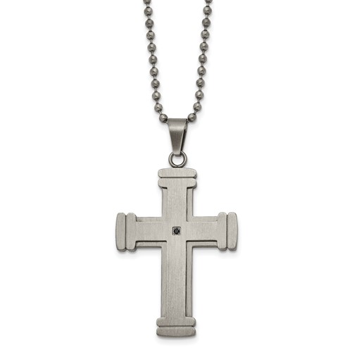 Chisel Stainless Steel Antiqued Brushed and Polished Necklace with Black CZ Cross Pendant on a Ball Chain, 22"