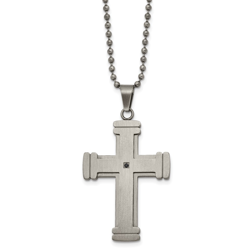 Stainless Steel Antiqued Brushed and Polished w/Black CZ Cross Necklace